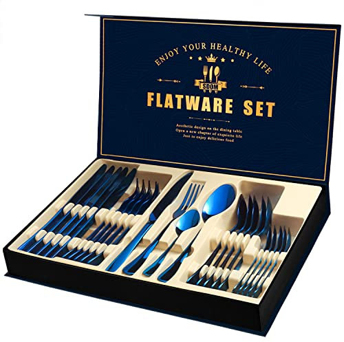 Blue Cutlery Set, 24 Piece Stainless Steel Flatware Silverware Set with Fine Mirror Finish, and Dishwasher Safe Blue Utensil Set with High-End Gift Box Including Knife Fork Spoon for 6 People