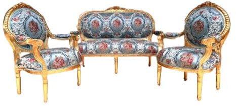 Lounge Sofa Set Blue Flower Damask Baroque Style Royal Accent for Hotel Lobby or Home Decor