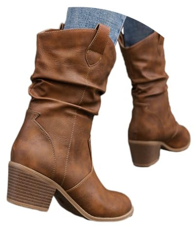 shownicer Stivaletti Corti alla Moda Pelle Scamosciata da Donna Stivali da Cowboy Autunno Inverno Moda Tacco a Blocco Stivali Corti Camoscio Stivali Casual a Tubo Medio C Marrone 39