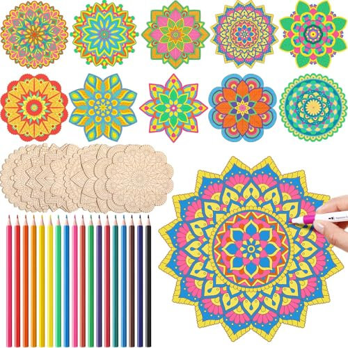 Vercraft 28-teiliges Mandala-Gemälde-Set aus Holz, Diwali-Bastelset mit 10 unlackierten Holzausschnitten mit 18 Buntstiften für die Herstellung von Mandala-Bastelarbeiten zum Bemalen von