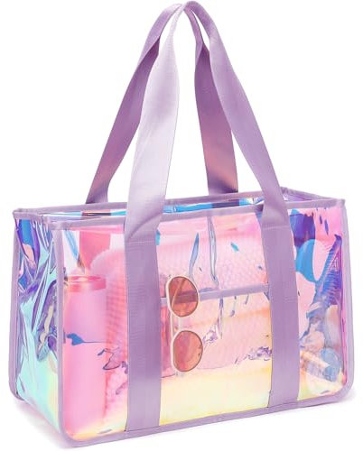 Fammart Bolsa de playa transparente iridiscente para mujer, bolsa grande de TPU con cierre de cremallera y correa jacquard para playa, piscina, viajes, crucero, gimnasio, impermeable, a prueba de