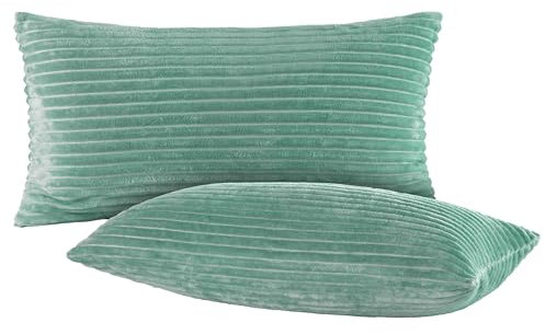 BaSaTex Winter Plüsch Kissenbezüge Kissenhüllen | 2er Pack 40x80 cm | Cashmere-Touch Coral Fleece,Rip-Cord“ | Sofakissen Couchkissen Zierkissenbezug | Reißverschluss | Salbei