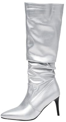 HQINGAXU Stivali Neri Donna Pianta Larga al Ginocchio Tacco Spillo Punta Appuntita Stivali metà Polpaccio Comodi Pelle Invernale Facili Indossare Stivali Morbidi Tacchi Kitten,Argento,47.5 EU