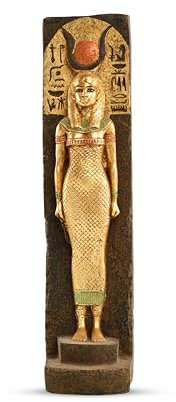 Statue Göttin Hathor Gold Schwarz Skulptur Relief Große Einzigartige Hieroglyphe Inschriften und Der Gott Ra Schwerer Stein Blattgold Handbemalt Hergestellt in Ägypten