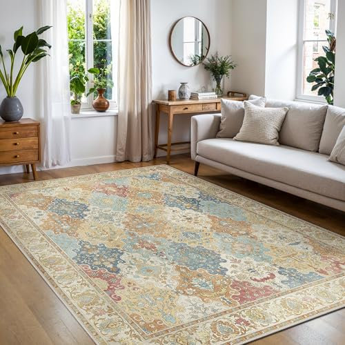 BEIMO Waschbarer Rutschfester Teppich 200x290 cm, Extra Großer Vintage Boho Stil, Leichte und Farbechte Matte, Strapazierfähiger Bodenläufer für Wohnzimmer, Esszimmer und Stark Beanspruchte Bereiche