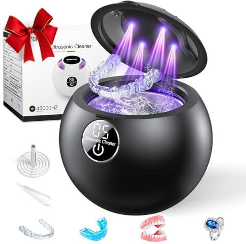 Ultrasonic Retainer Cleaner Machine,45kHz Ultrasonic Cleaner,UV Lamp 360°Cleaning for Dentures,Mouth Guard,Jewelry,Braces,Toothbrush Heads with 250 ML Dental Cleaning Pod, 6 Modes,Black