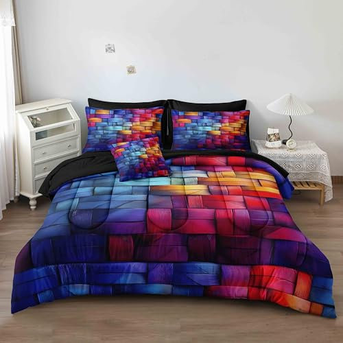 Herside Geometrie rechteckiges Batik-Bettwäsche-Set, Kingsize-Bett in einer Tasche, Regenbogen-Bettwäsche-Set mit buntem Wabenraster, 8-teilig, moderne Bettwäsche mit Laken, weich, flauschig,
