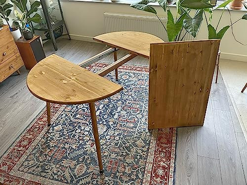 Handgefertigter ausziehbarer runder Esstisch aus Massivholz mit runden Holzbeinen, 90 cm bis 150 cm, ausziehbare Länge