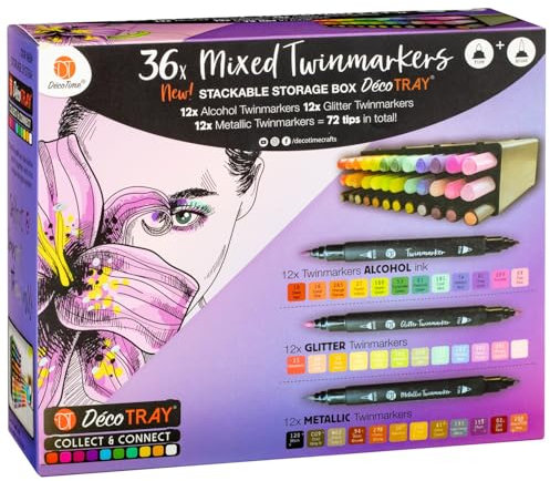 BargainsMania DecoTime Mixed Twin Markers Tray 36pk - Includes: 12 X Alcohol, 12 X Glitter, 12 X Metallic Twin Markers