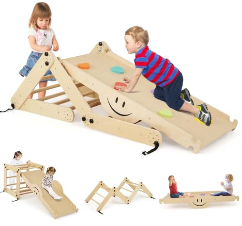 COSTWAY 5 en 1 Échelle d'escalade Montessori Enfant avec Rampe Double Face & Réglable, Triangle d'escalade Pliable en Bois avec Toboggan & Bascule, Intérieur, Charge 60kg pour Enfant de 3 Ans+