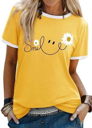Yihelian Tshirts Women Crew Neck Top Ladies Daisy Print | Short Sleeve Tee Shirt Summer Smile Letter Printed Shirts