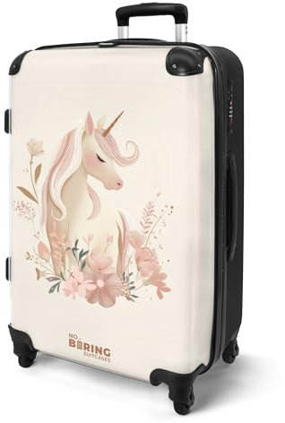 NoBoringSuitcases.com® Koffer Kinder Groß 67x43x25 cm Reisekoffer Kinderkoffer 4 Rollen Leicht Trolley Große M Hartschalenkoffer für Jugendliche Einhorn - Blumen - Rosa - Pastell