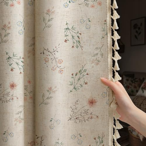 XOGUIBO Boho Floral 100% Blackout Curtains 84 Inch 2 Panels Linen Texture