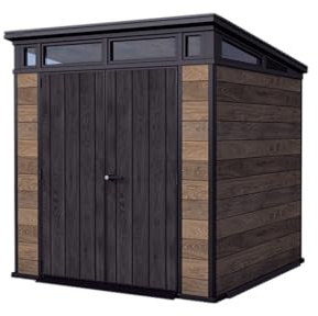 Keter Gerätehaus Signature 7x7 mit Doppeltür und Bodenplatte, abschließbar, Kunststoff wetterfest, 4,7 m² Gartenhaus Walnuss