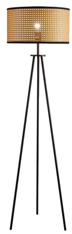 Mid Century Modern Wood Tripod Floor Lamp with Rattan & Fabric Shades Stylish ON OFF Foot Switch Perfect for Living Room Bedroom Office Farmhouse Decor