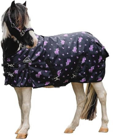 NETPROSHOP Atmungsaktive wasserdichte Regendecke Einhorn mit 100g Füllung Turnout-Stoff Gr. 65-155, Groesse:125, Farbe:Einhorn
