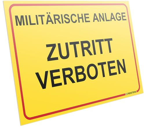 PRINTIMA Warnschild „Militärische Anlage – Zutritt verboten“ 32x21cm – Sicherheits-Hinweisschild aus Kunststoff mit Montagedübeln – Verbotsschild Militärgelände & Sperrzone