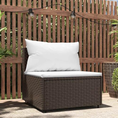Mandloder Garten-Mittelsofa mit Kissen, Braun, aus wetterfestem Poly Rattan, 63x63x57,5 cm, modulares Design für Outdoor-Lounge-Sets, inklusive Sitzpolster und Kissen