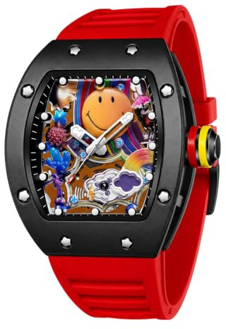 Gosasa Modische Bunte Smiley-Armbanduhr für Herren, Trendige, kreative Tonneau-Mannen-Armbanduhr mit Silikonarmband, einzigartiges, Cooles leuchtendes Design, Geschenk-Uhr