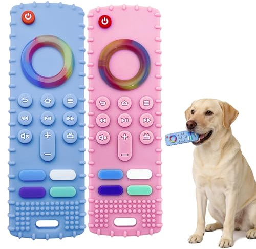 Ovyntremis Lot de 2 jouets interactifs pour chiots en silicone avec télécommande - Jouets de dentition pour petits chiens - Jouets à mâcher et jouer (bleu et rose)