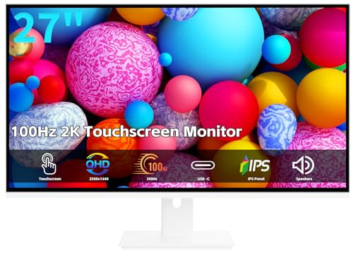 Pisichen Touchscreen Monitor 2K 27 Inch IPS Gaming 100Hz, 10-Point Touch QHD 2560x1440 PC Display, HDMI VGA USBC Computer Monitor, Built-in Speakers, White