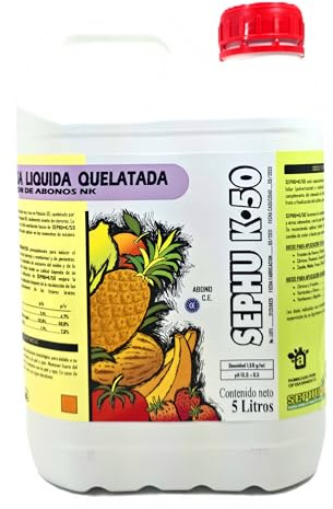 Potasa quelatada al 50% SEPHU-K/50, Es un Fertilizante de Potasio Quelatado Líquido con EDTA y Nitrógeno, Nutriente Agrícola para Olivos, Frutales y todo tipo de Cultivos. 5 Litros
