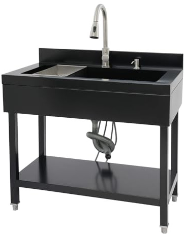 Freistehendes Edelstahl-Waschbecken, Einzelspüle, rechteckige Küchenspüle mit Standfuß, mobile Spüle für Küche, Garage, Außenbereich (Schwarz, 55 * 45 * 86 cm) (schwarz, 55 x 45 x 86 cm)