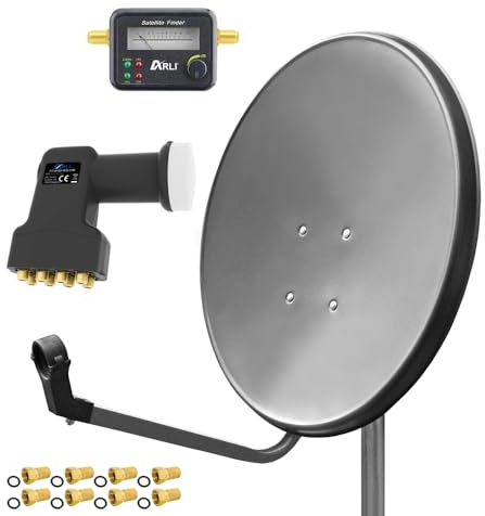 ARLI 60cm HD Sat Anlage Octo LNB + Satfinder + 8 F-Stecker vergoldet breite Mutter Dichtring 8 Teilnehmer grau UHD 4K Satellitenschüssel Satelliten Antenne 60 cm