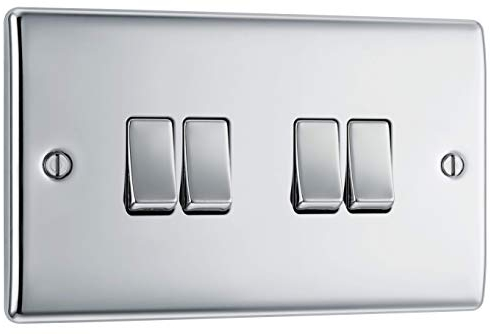 BG Electrical Quadruple Wall Light Switch, 2 Way, Raised and Slim Profile, Round Edges, Nexus Metal, Polished Chrome, 20A, 16AX, NPC44