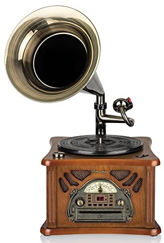 Roadstar HIF-1850TUMPK Gramófono Vintage de Madera Antiguo, Tocadiscos de Vinilo 33/45/78 rpm, Radio AM/ FM Reproductor CD-MP3, Cassette, USB Función Grabación, Mando a Distancia, Retro