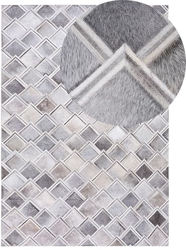 Beliani Natürlicher Lederteppich geometrisches Muster 160 x 230 cm Grau Agacli