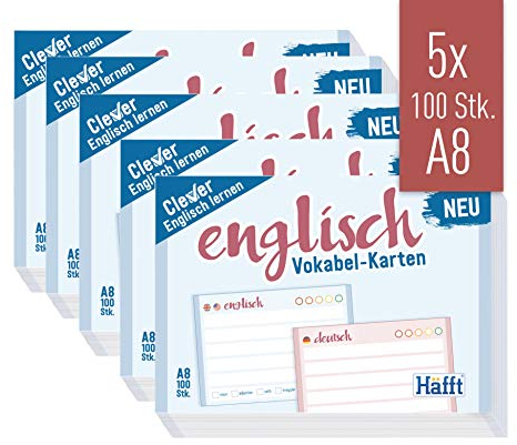 Häfft® 5er-Pack Vokabel-Karten A8 Englisch liniert, 500 Stück, mit Ampel-Prinzip für das Langzeitgedächtnis - passend für gängige Lernboxen, handlich für unterwegs