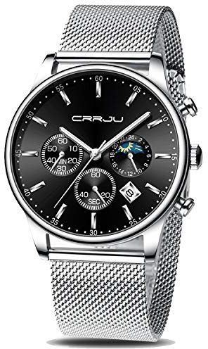 CRRJU Herren Uhren Chronograph Armbanduhr Männer Uhr Mann Sportuhren Wasserdicht mit Mesh-Armband Analog Quarzwerk (Silber schwarz Silber)