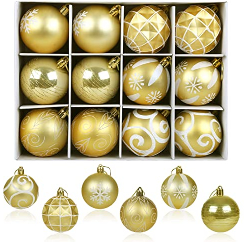 LIHAO 12er Set Weihnachtskugeln Christbaumkugeln Anhänger für Weihnachtsbaumschmuck Weihnachten Weihnachtsbaum Draussen Dekoration 6 cm (Gold)
