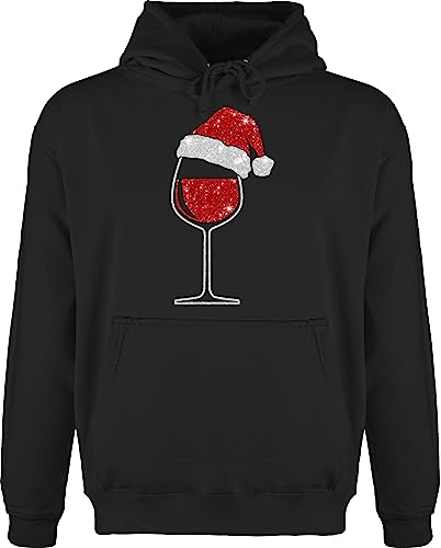 Hoodie Herren Pullover Männer - Geschenke Christmas Bekleidung - Weinglas mit Weihnachtsmütze I Weihnachtsmotiv Wein I Geschenk Weinliebhaber Weihnachten - S - Schwarz - weihnachspullis weihnacht