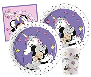 Isola Party Kit de Fiesta de Cumpleaños Minnie Unicornio para 16 Personas Ecológico (16 Platos ⌀ 20 cm, 16 Vasos 266 ml, 20 Servilletas 33x33 cm de Papel)