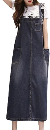 Shengwan Donna Vestito Salopette Jeans Overall Gonna Senza Maniche Lungo Vestiti Overall con Tasca Blu XL
