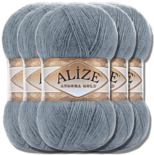 Hobby YARN Alize 5x 100g Angora Gold Türkische Premium Wolle Dünne Mohair aus Schurwolle Babywolle als Strickgarn Handstrickgarn Einfarbig Uni Yarn (Medium Grey | 87)