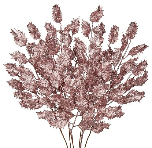 Briful 6pcs Rose Gold Leaf Artificial Holly Leaves 23 Christmas Glitter Leaves Stem for Xmas Tree Decorations Fake Leaf Artificial Stem for Flower Arrangment Home Decor