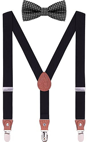 WANYING Unisex Kleinkind Kinder Hosenträger Fliege Set - Y Form 3 Clips Breite 2,5cm Elastische Hosenträger & Gepunktete Fliege für 3-8 Jahre alt - Schwarz