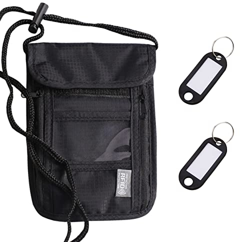 1 Reisepasshülle, Handyhülle, Aufbewahrungstasche, Dokumententasche mit 2 Etiketten, für Reisepass, Smartphone, Reisedokument, Reisepass, Brusttasche, Nackentasche, Herren, Damen (Schwarz)