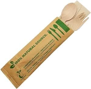 Jofisa Set de Cubiertos Desechables de Madera con Servilleta – Tenedor, Cuchillo y Cuchara Envueltos Individualmente, 100% Biodegradables, Compostables y Sin Plástico para Eventos y Catering (500u.)