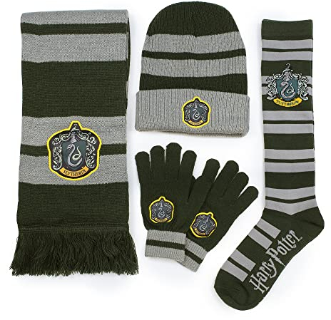 Culturefly Harry Potter Slytherin Premium Winter-Set mit Schal, Handschuhen, Beanie, Socken, Einheitsgröße, Grün, 4 Stück, Grün , Einheitsgröße-L