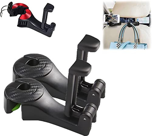 Vinxan 2 Pcs 2 In 1 Car Headrest Hidden Hook,Car Seat Hooks with Phone Holder,Universal Car 360° Rotation Headrest Hooks,Hidden car Hook for Bag,Purse,Toys,Groceries, Hook (Black)