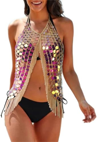 URFEDA Boho Körperkette Pailletten Funkelnd BH-Kette Halskette Oben Strand Bikini Body Schmuck Crossover Brustkette für Frauen und Mädchen