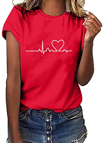 Tshirt Damen Lässige Elektrokardiogramm Druck Oberteile Herzschlagkurve Pullover T-shirt Einfarbiges Basic Shirt Rundhals Kurzarm Sommer Tops Lockere All-Match Tunika Bluse Laufshirt Sportshirt