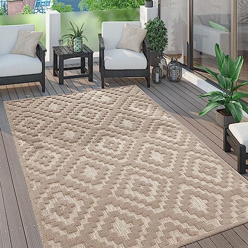 Paco Home Outdoor Teppich wetterfest & langlebig Moderne Boho-Designs mit 3D-Effekt Skandi-Look UV-beständig & robust für Balkon, Garten, Wohnzimmer & Küche, Grösse:60x100 cm, Farbe:Beige 2