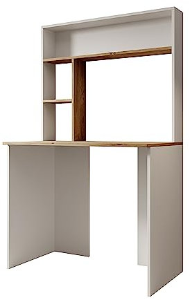 MB Muebles Bonitos, Escritorio con Estantería Pixel, 10 Estantes, Melamina Mate, Color Pino y Blanco, Ancho 90 cm