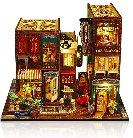 Cuteefun Casas de Muñecas Miniaturas con Muebles, Equipo de Casa de Madera DIY con Caja, Regalo de Cumpleaños Navidad y Halloween(Paisaje Callejero)