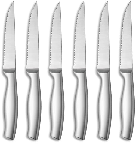 Pleafind couteau a steak, 6 couteaux de table en acier inoxydable 3cr13, couteau tranchant à lame crantée, couteau à steak en une seule pièce, manche ergonomique, lavable au lave-vaisselle